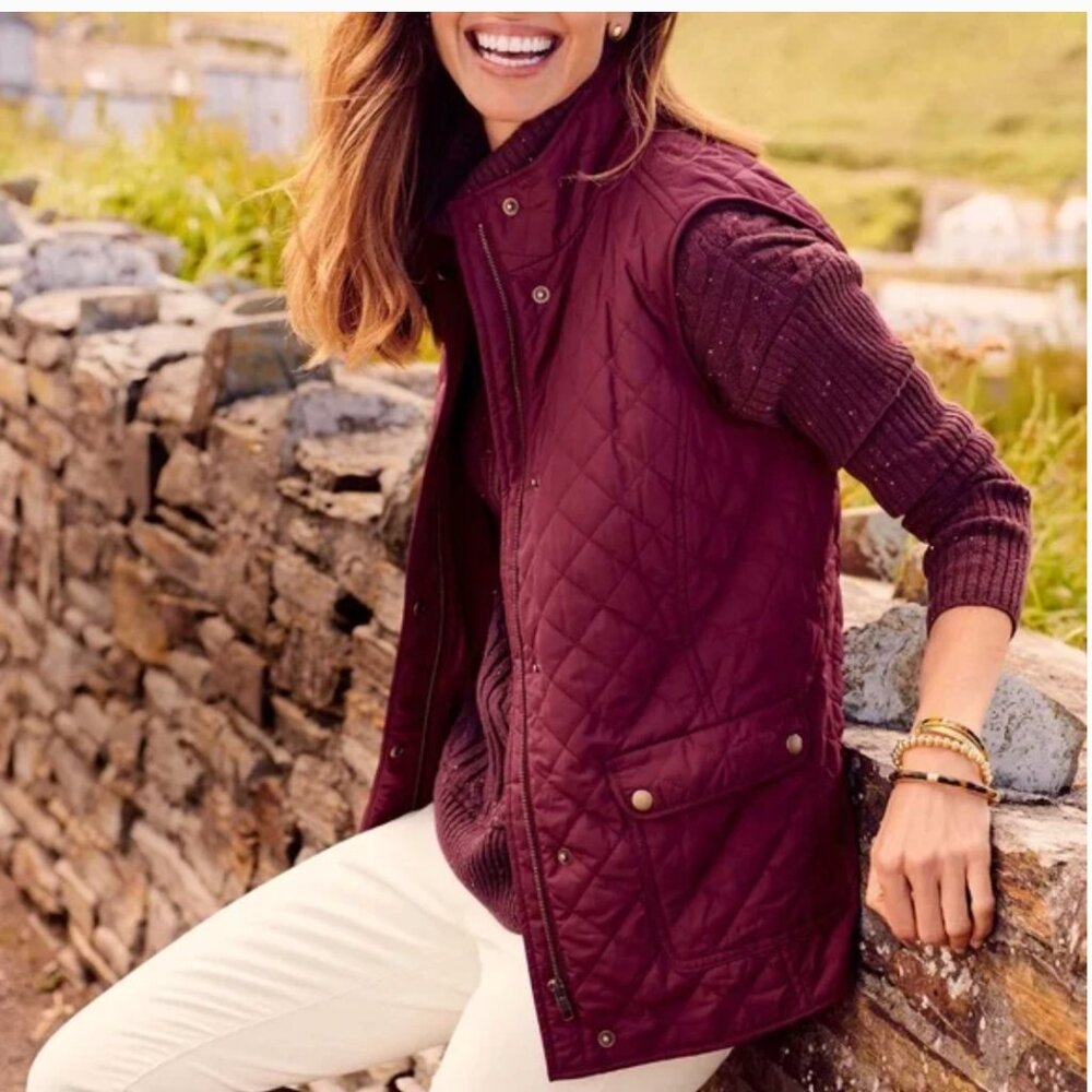 NWT Talbots Cranberry Diamond Quilted Fleece Lined Barn Vest Gilet Cabincore PM